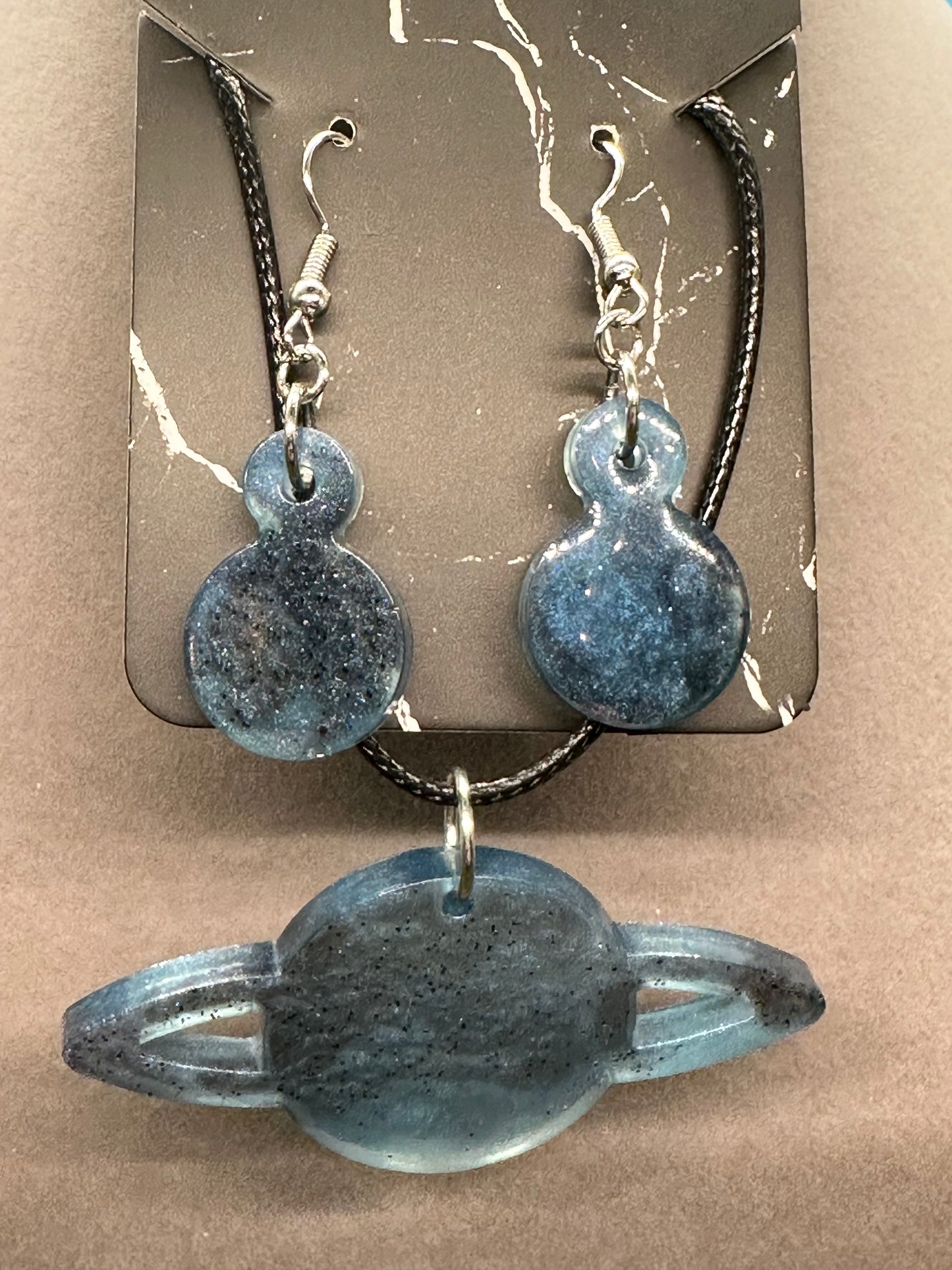 Black and Blue Planet Necklace and Earring Set