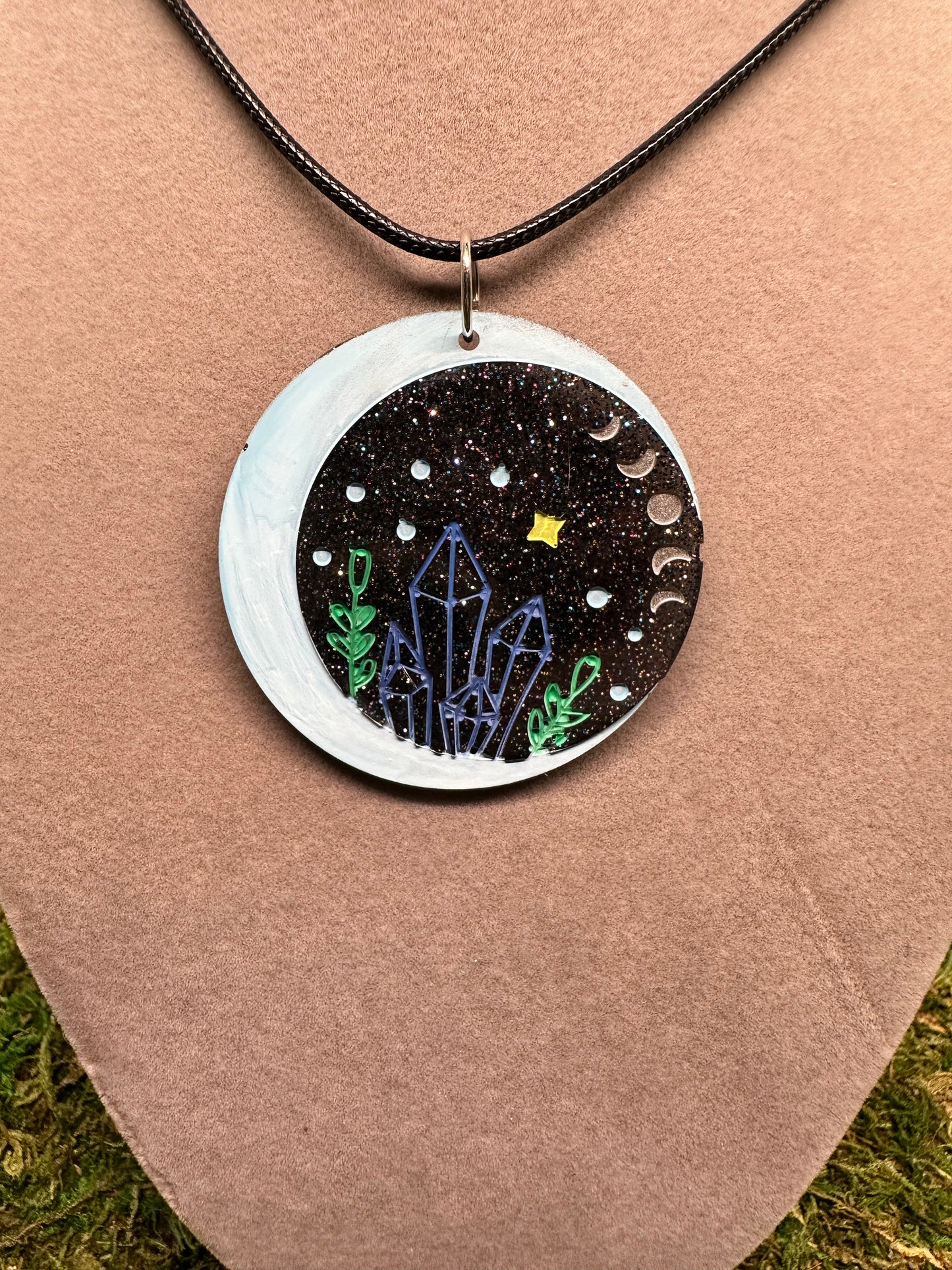 Blue Circle Pendant with Crystals and Moons