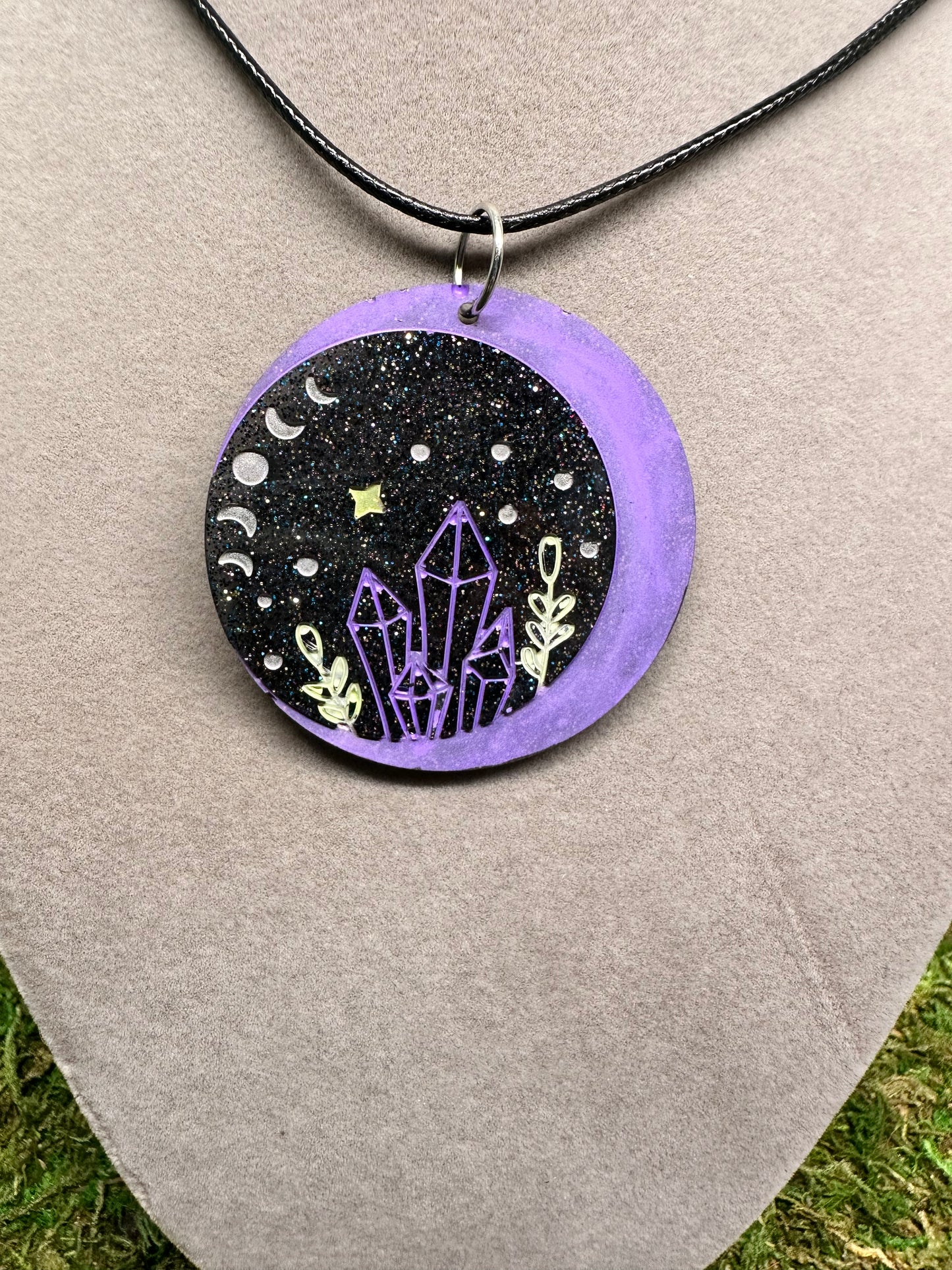 Purple Circle Pendant with Crystals and Moons