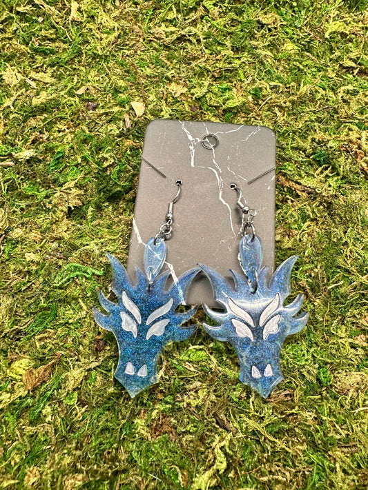 Shimmery Blue Dragon Face Earrings