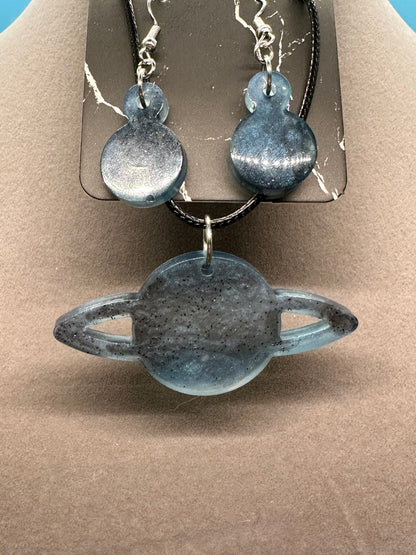 Black and Blue Planet Necklace and Earring Set