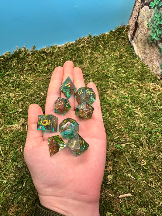 Aqua Dice Set With Rose/4 Leaf Clover