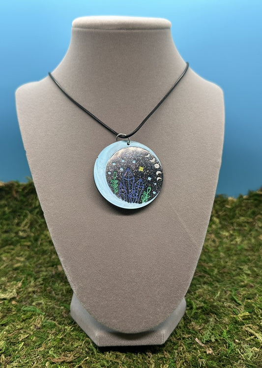 Blue Circle Pendant with Crystals and Moons