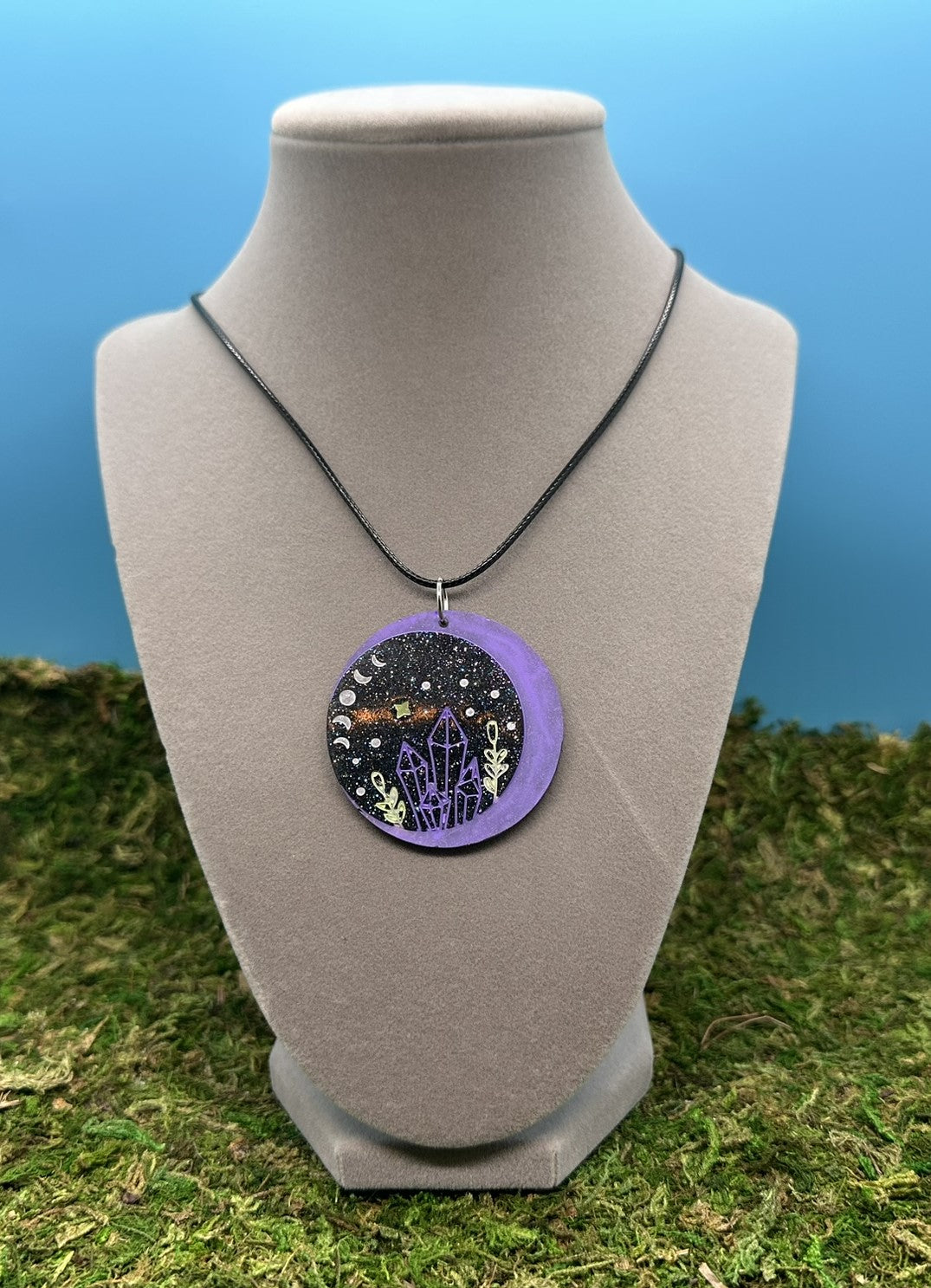 Purple Circle Pendant with Crystals and Moons