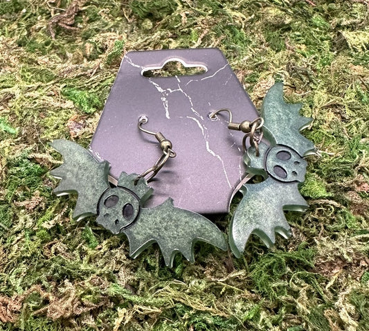 Green Skull Bat Earrings